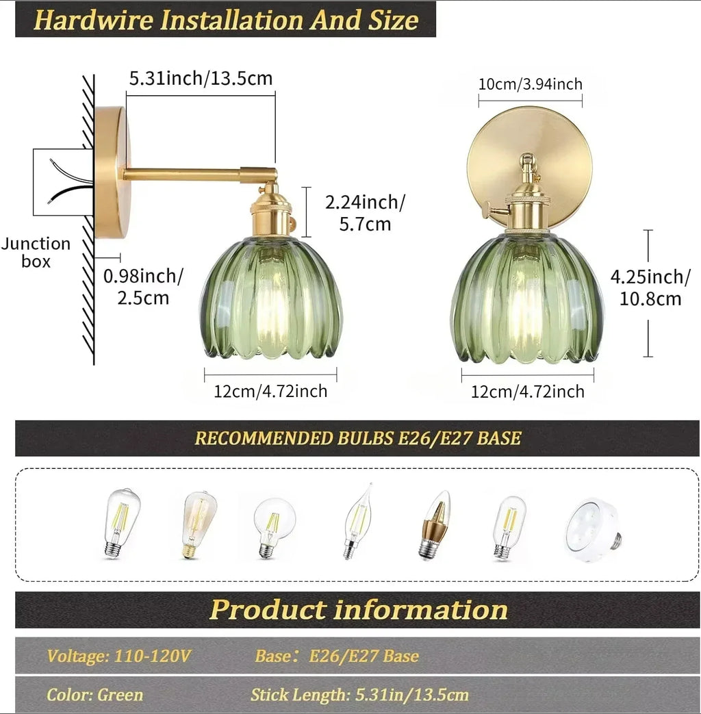 Retro Wall Lamp in Tulip Flower Shape – Vintage Sconce with Glass Shade and Gold Finish