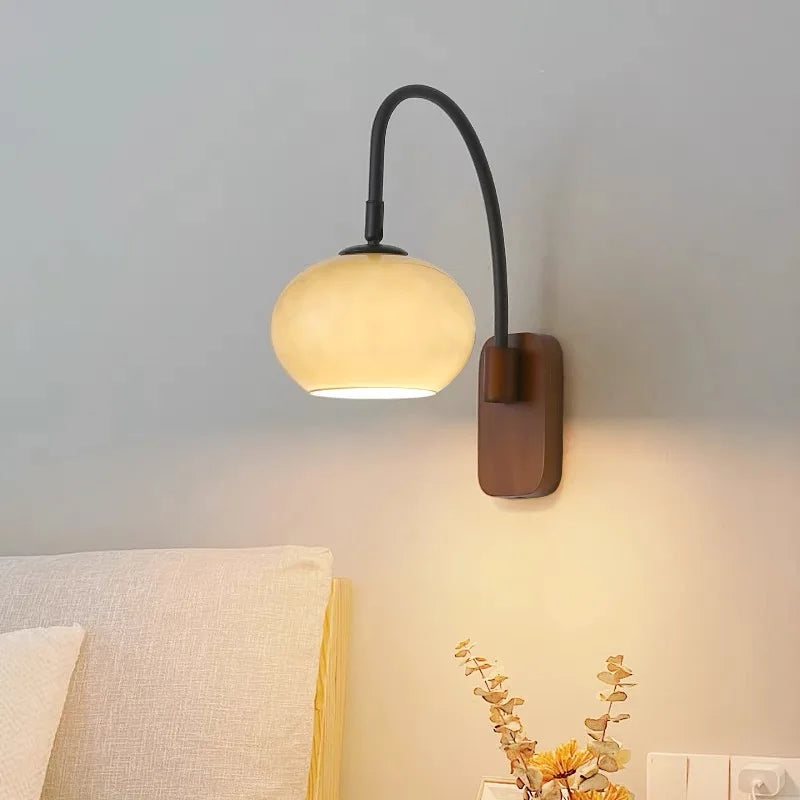 Modern Wall Light with Glass Shade and Wooden Base – Ideal for Bedroom, Living Room or Reading Nook