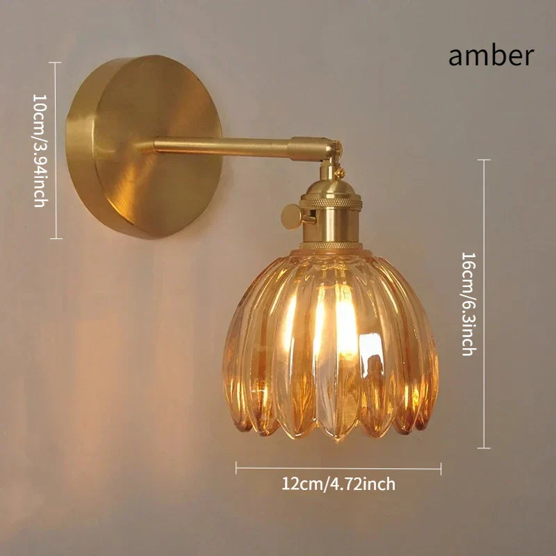 Retro Wall Lamp in Tulip Flower Shape – Vintage Sconce with Glass Shade and Gold Finish