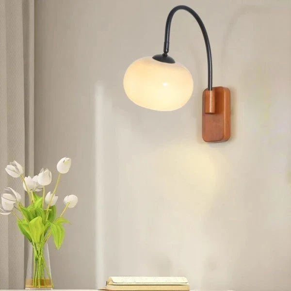 Modern Wall Light with Glass Shade and Wooden Base – Ideal for Bedroom, Living Room or Reading Nook